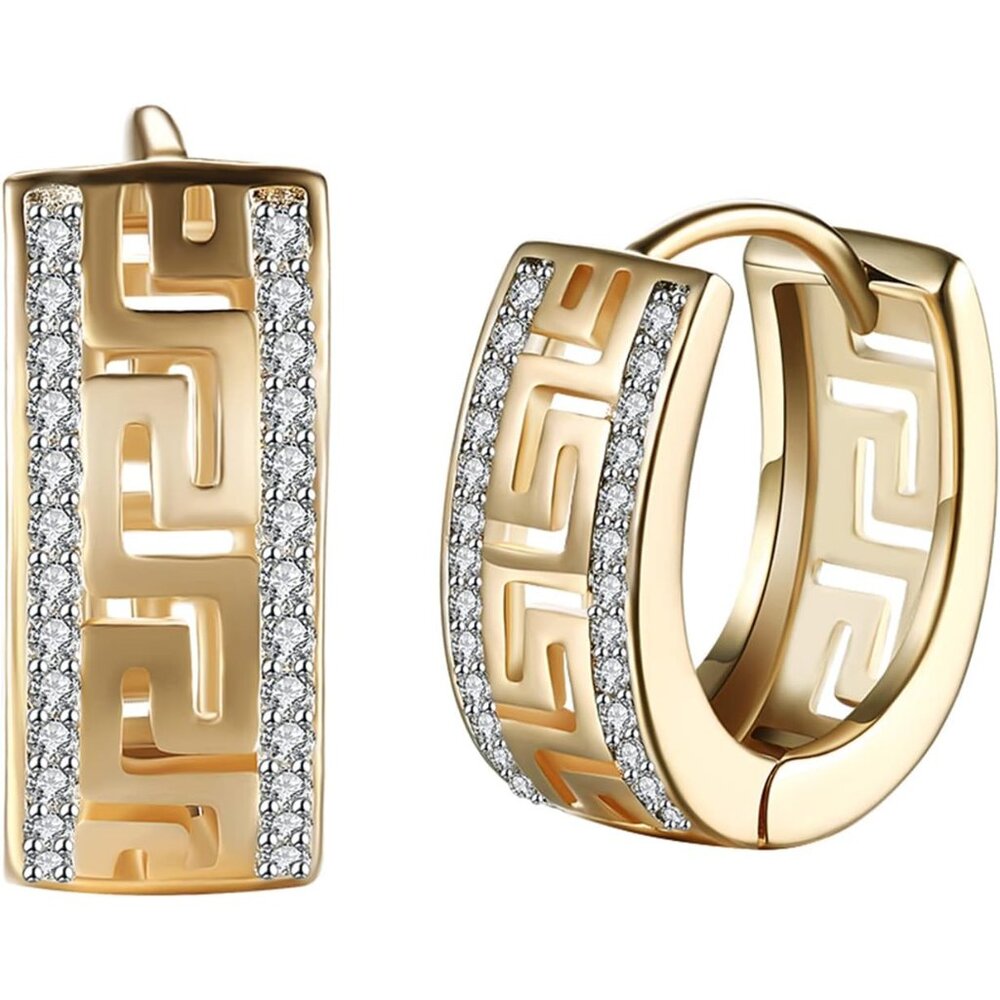 14K Gold Plated Cubic Zirconia Hoop Earrings,Three Row Diamon | Arrows | Double